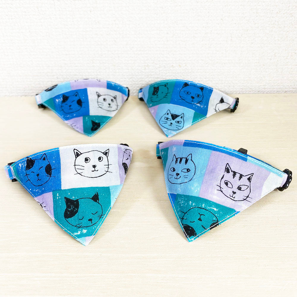 カラフルキャットスクエア柄ブルー】まじめな首輪・目立つ カラフルキャットスクエア柄ブルー】まじめな首輪・目立つ