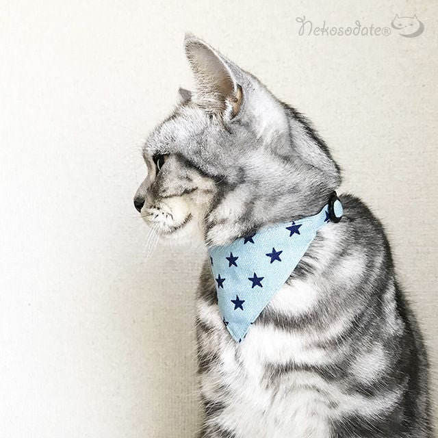 【デニムスター柄ネイビー】まじめな首輪・目立つバンダナ風/選べるアジャスター 猫首輪 - ネコソダテ®日本で唯一のまじめな首輪®専門店