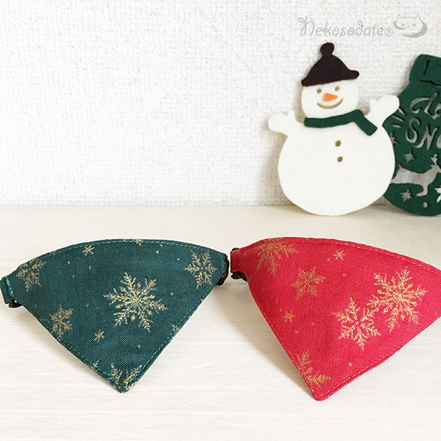 【ビッグスノー柄レッド】まじめな首輪・目立つバンダナ風/選べるアジャスター 猫首輪