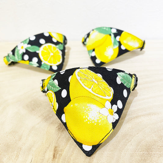 【レモンシャワー柄ブラック】まじめな首輪・目立つバンダナ風/選べる安全バックル