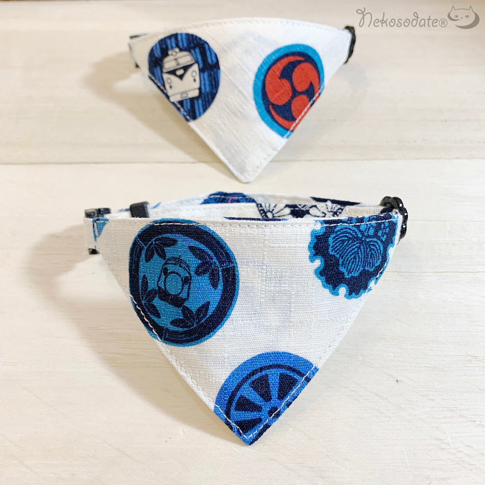 【乗り物家紋柄ホワイト】まじめな首輪・目立つバンダナ風/選べるアジャスター 猫首輪