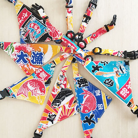 【大漁旗柄】まじめな首輪・目立つバンダナ風/選べるアジャスター 猫首輪 - ネコソダテ®日本で唯一のまじめな首輪®専門店