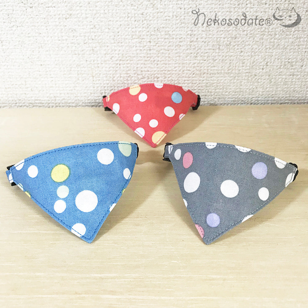 【ラムネドット柄ブルー】まじめな首輪・目立つバンダナ風/選べるバックル 猫首輪 布サルカン