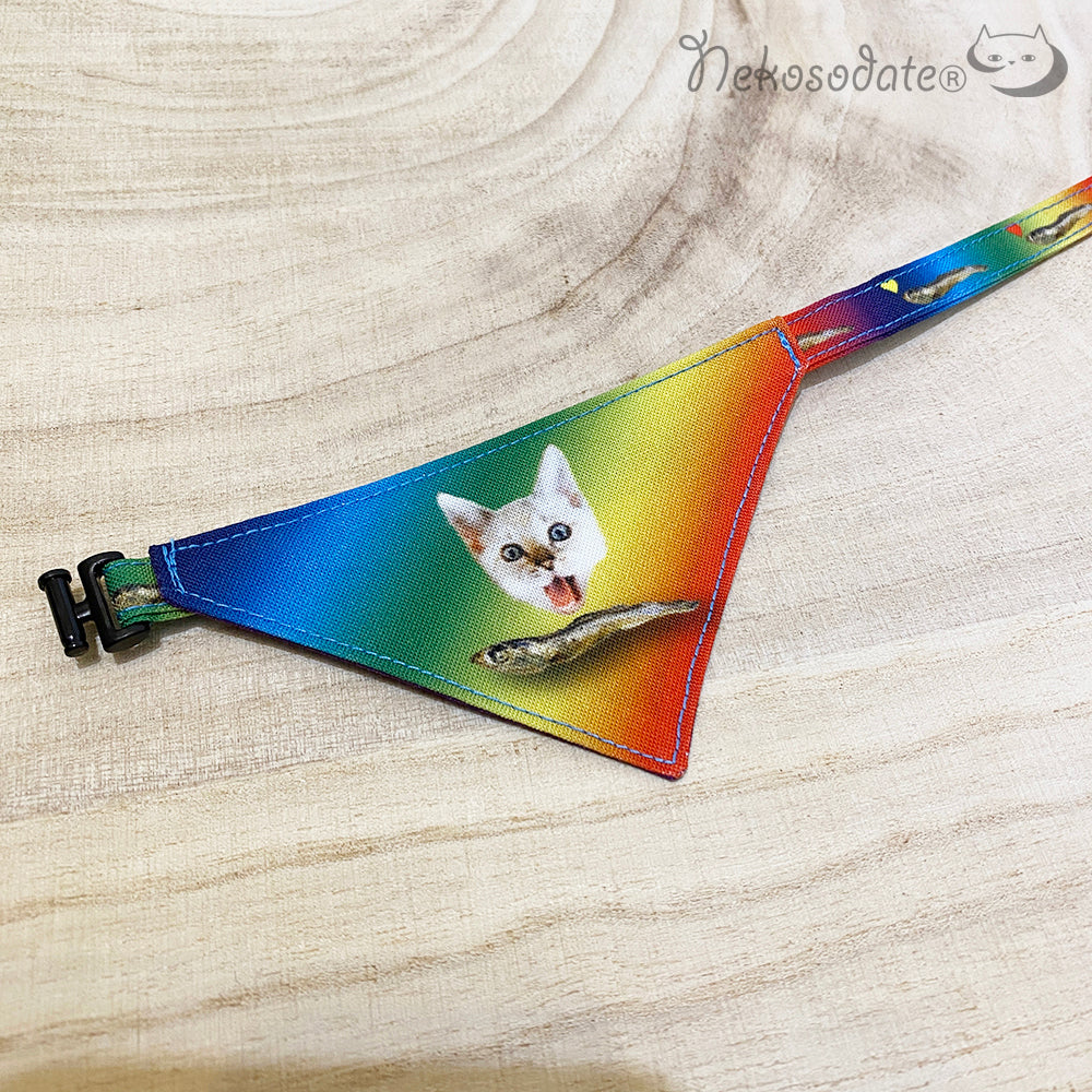 [Meshi pattern blue] Serious collar, conspicuous bandana style poem series, self-nyan / selectable safety buckle cat collar