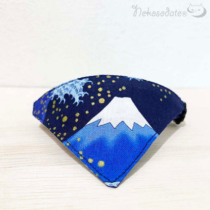 【波富士柄ネイビー】まじめな首輪・目立つバンダナ風／選べるバックル 猫首輪