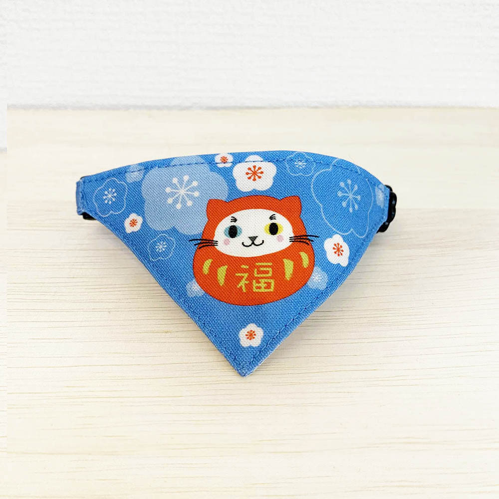 【ねこだるま柄ブルー】まじめな首輪・目立つバンダナ風 ポエムシリーズ・セルフニャン／選べるセーフティバックル 猫首輪