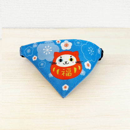 【ねこだるま柄ブルー】まじめな首輪・目立つバンダナ風 ポエムシリーズ・セルフニャン／選べるセーフティバックル 猫首輪