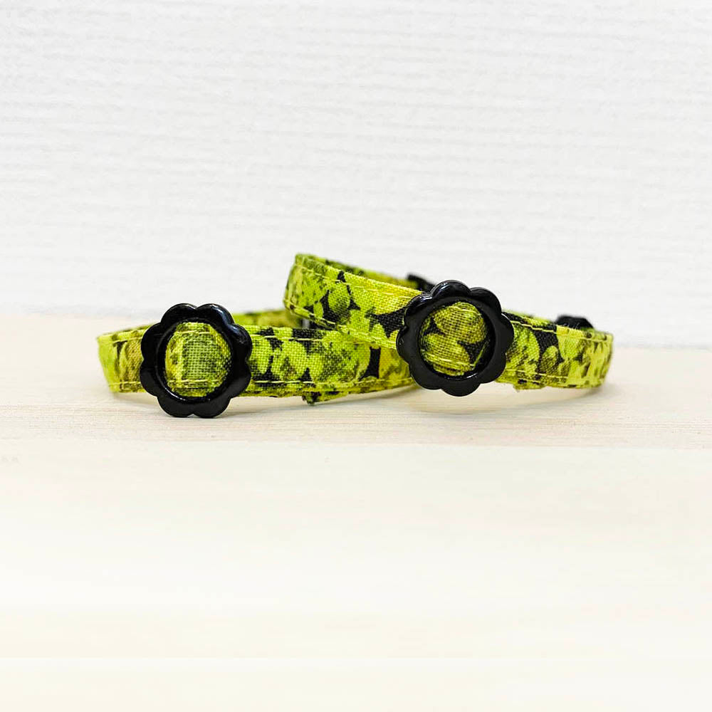 【きらめきサークル柄グリーン】まじめな首輪-なじむストレート／ 選べるセーフティバックル 猫用首輪 安全首輪