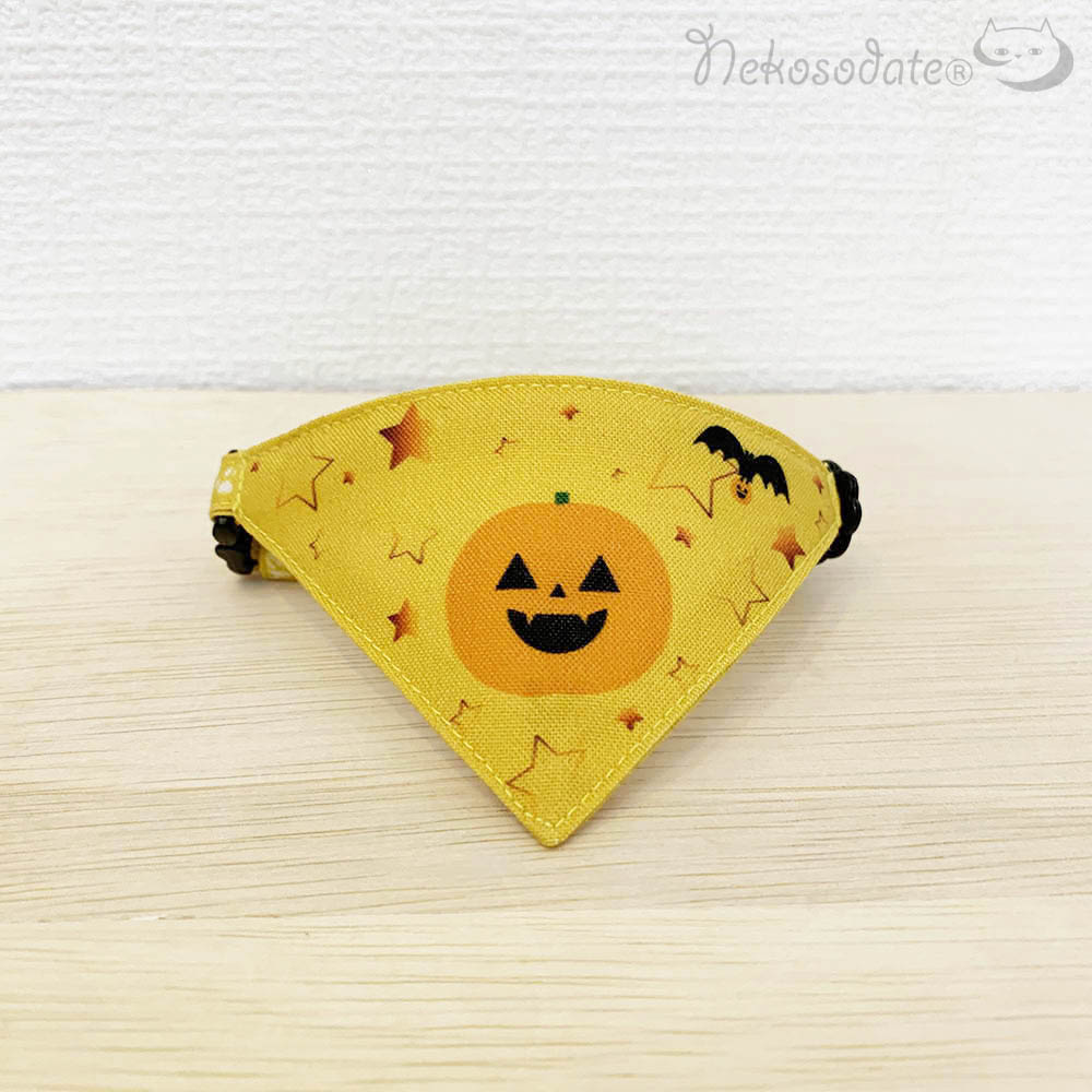 ※1ヶ月半納期【かぼちゃのジャックとハロウィン仲間】まじめな首輪・目立つバンダナ風 猫いろいろシリーズ・セルフニャン／選べるセーフティバックル 猫首輪