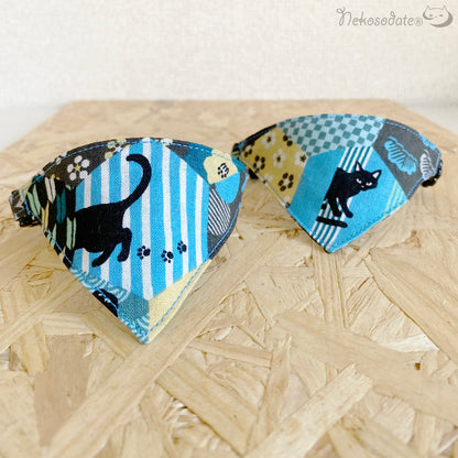 [Black cat honeycomb pattern blue] Serious collar, conspicuous bandana style / selectable adjuster cat collar