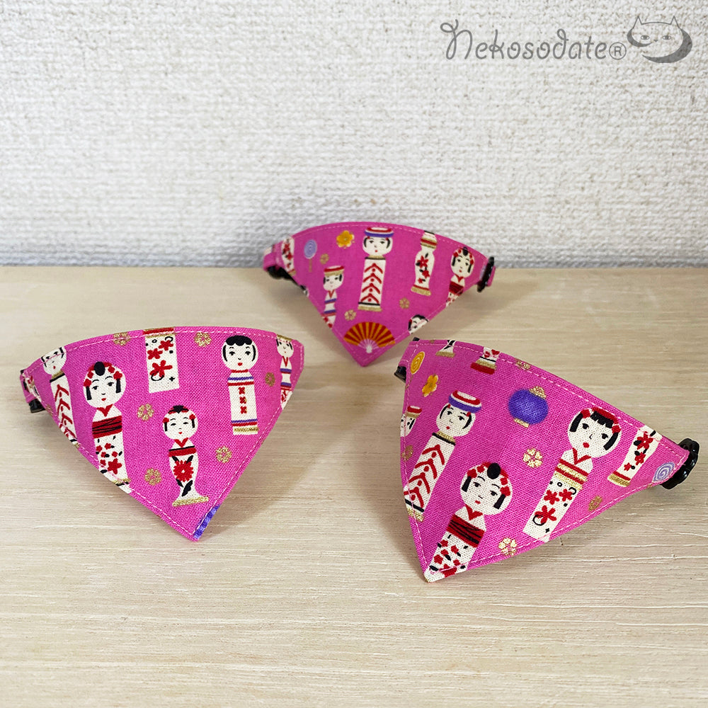 [Kokeshi pattern pink] Serious collar, conspicuous bandana style / selectable adjuster cat collar