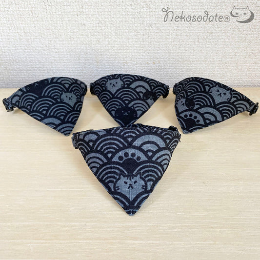 [Cat's Qinghai wave pattern black] Serious collar, conspicuous bandana style / Selectable adjuster Cat collar