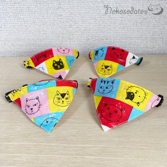 [Cat Square Pattern Multicolor] Serious Collar / Conspicuous Bandana Style / Selectable Adjuster Cat Collar