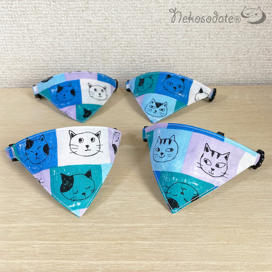 [Cat Square Pattern Blue] Serious Collar / Conspicuous Bandana Style / Selectable Adjuster Cat Collar