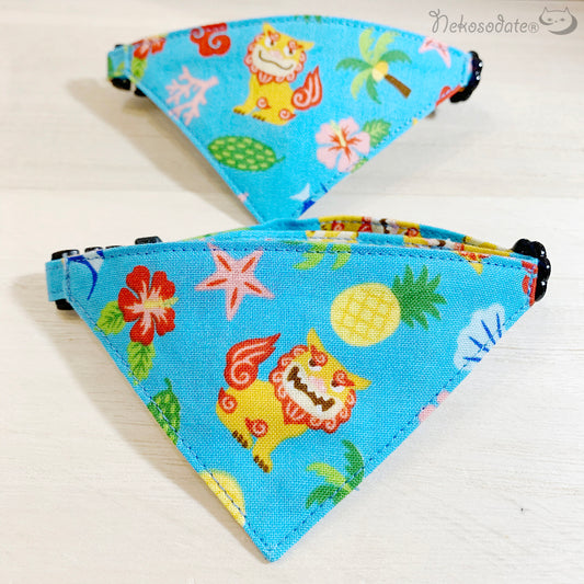 [Cheerful Shisa pattern blue] Serious collar, conspicuous bandana style / selectable adjuster cat collar