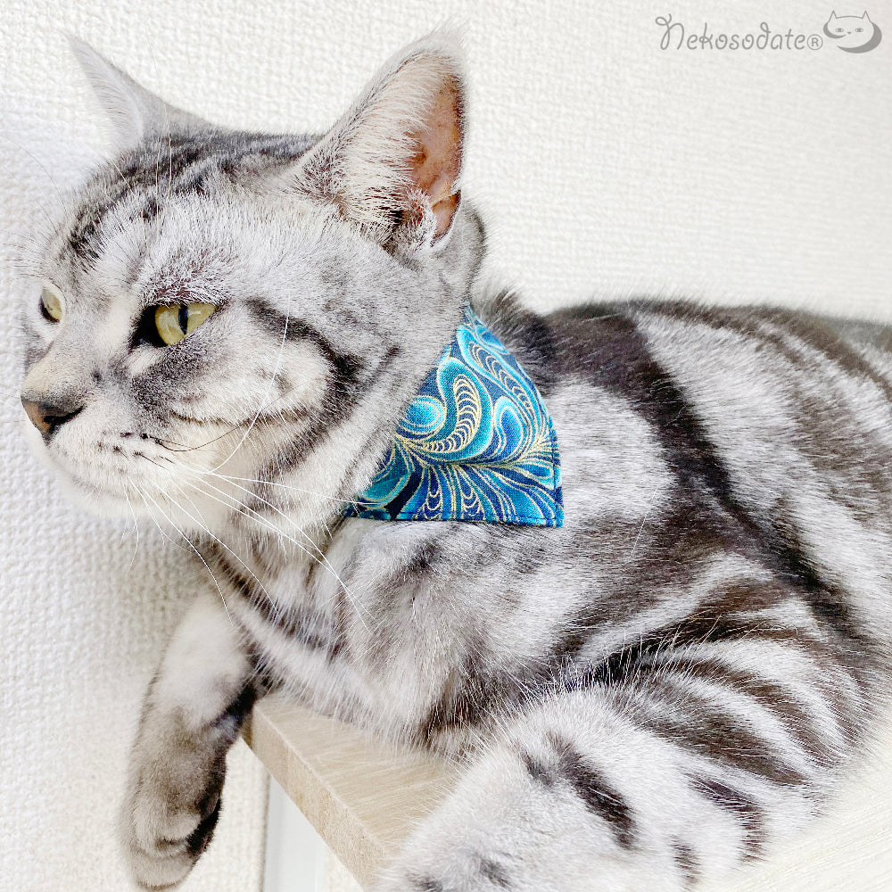 [Feathered pattern blue green] Serious collar, conspicuous bandana style / selectable adjuster cat collar