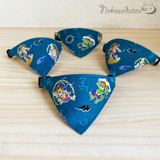 [Wind God Raijin Pattern Blue] Serious Collar / Conspicuous Bandana Style / Selectable Adjuster Cat Collar